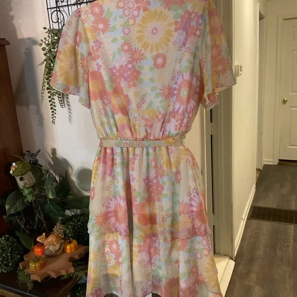 Peach Love California Floral Mini Dress - Pink, Yellow, Orange - Picture 2 of 8